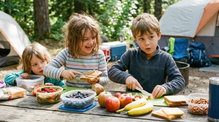 Fototapeta premium Group of happy children preparing healthy snacks and eating fruit at a wooden table in a forest campsite