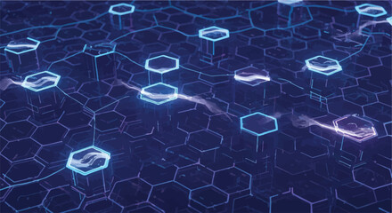 Obraz premium Futuristic blue hexagon network background, glowing digital data grid with light trails, isometric technology pattern for cyber security and big data