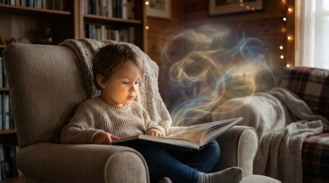 A young boy reads a magic book in an armchair with glowing imagination smoke floating above in a cozy library