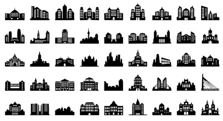 Naklejka premium Collection of Architectural Building Silhouettes and City Landmark Icons