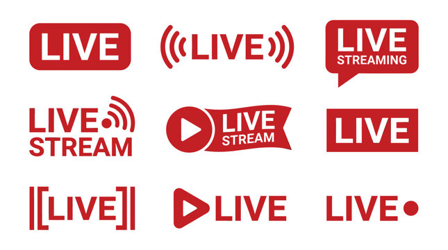 Social media live streaming button collection, modern flat red shapes, broadcast communication, media event, and video access