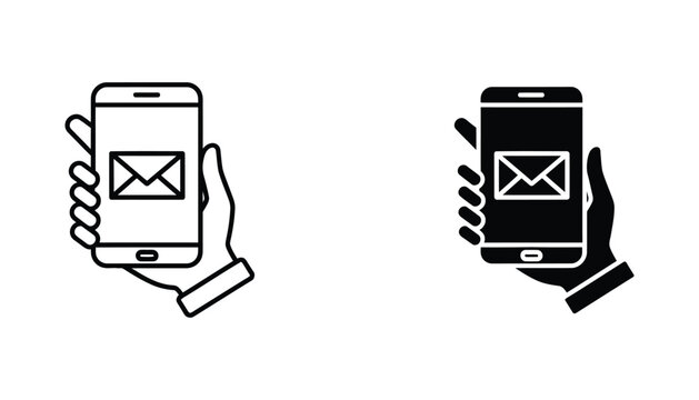 Hand holding smartphone with email message icon set featuring mobile communication concept in linear and solid vector design