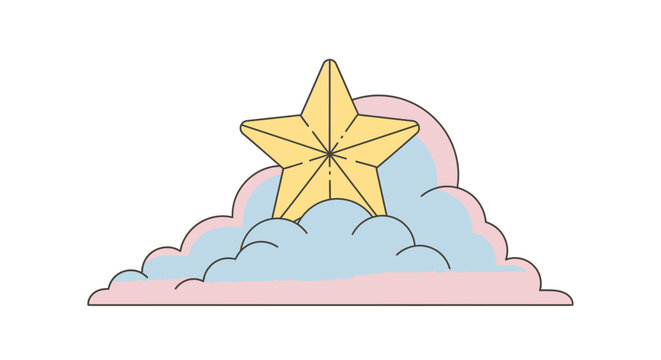 Yellow star on fluffy clouds.