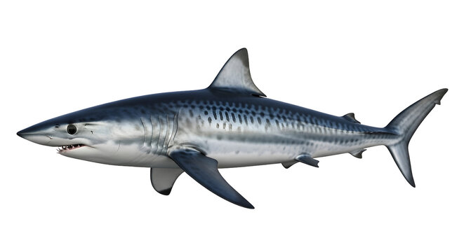 realistic blue striped shark isolated white background detailed marine animal side view