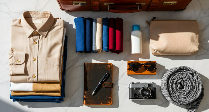 Travel essentials and neatly folded clothes on a marble surface. Items include a vintage camera, leather journal, and suitcase. Packing concept for vacation lifestyle and tourism marketing.