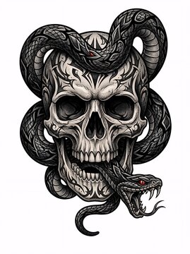 Skull with coiled snake aggressive gothic tattoo illustration