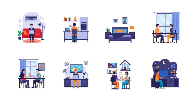 illustration of various home office setups on transparent background