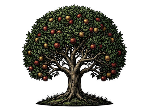 Vintage Woodcut Style Apple Tree Illustration with Red and Golden Fruits Isolated on White Background