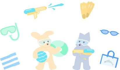 Cute kids summer pool icon set with animal characters, water play elements and beach accessories vector illustration © ing dung