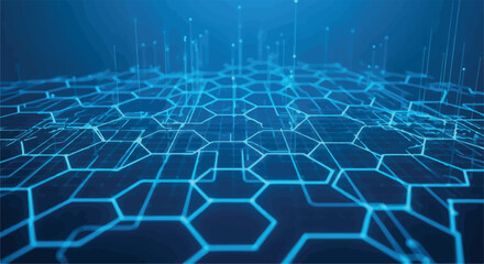 Obraz premium Futuristic blue technology background with glowing hexagonal grid, digital network data visualization, abstract cyber security vector illustration