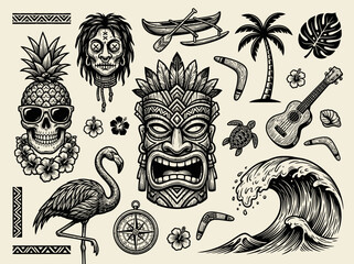 Vintage Tiki Culture and Polynesian Tattoo Flash Set - Hawaiian Tropical Icons, Shrunken Head, Pineapple Skull, and Tribal Illustrations in Woodcut Style © Tika