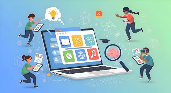 Diverse students engaging with online education through digital devices and virtual learning platforms.