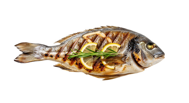 grilled whole fish with lemon slices and rosemary on white background healthy meal