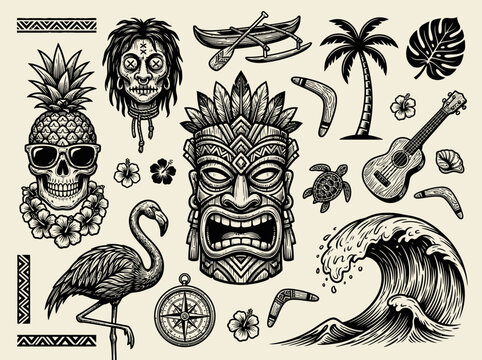 Vintage Tiki Culture and Polynesian Tattoo Flash Set - Hawaiian Tropical Icons, Shrunken Head, Pineapple Skull, and Tribal Illustrations in Woodcut Style