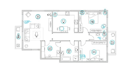 Fototapeta premium A detailed floor plan with various rooms and highlighted features