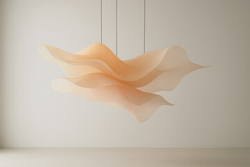 Fototapeta premium Abstract sculptural form hangs from ceiling illuminated in soft light