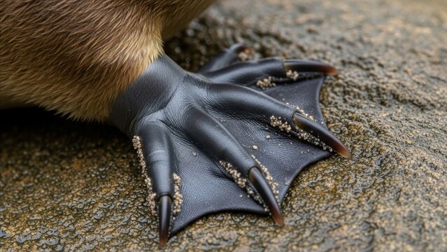 Animal - Extreme Close Up of Platypus Webbed Foot with Sharp Claws Resting on Wet Sandy Surface