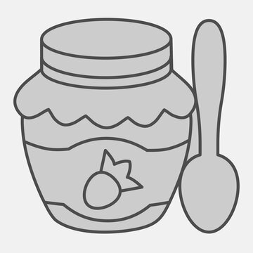 Jar of strawberry jam isometric icon, sweet food concept. Vector graphics. Jam jar with tablespoon sign with outline style for mobile or web design.