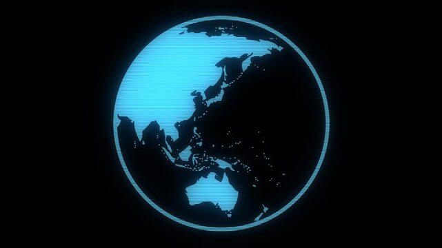 Blue Retro CRT Earth Globe with Scanline and Dotted Map Effect, Digital World Sphere on Black Background Loop 4K