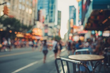 Fototapeta premium Bokeh-filled city street with pedestrians, vibrant lights, and a foreground cafe setting