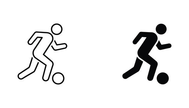 Soccer player in action icon set featuring dribbling motion in outline and solid black graphic styles for sports branding and fitness application design