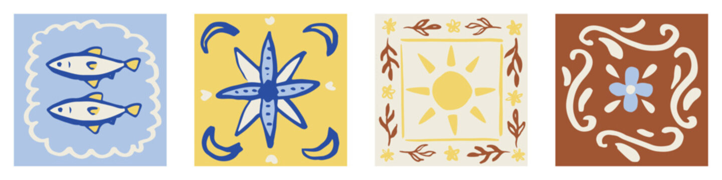 Set of freehand ink doodle abstract tiles illustrations in mediterranean style. Trendy Italian summer mosaic background. Hand drawn vector design. Boho, Sicilian lemons, coastal wallpaper, card.