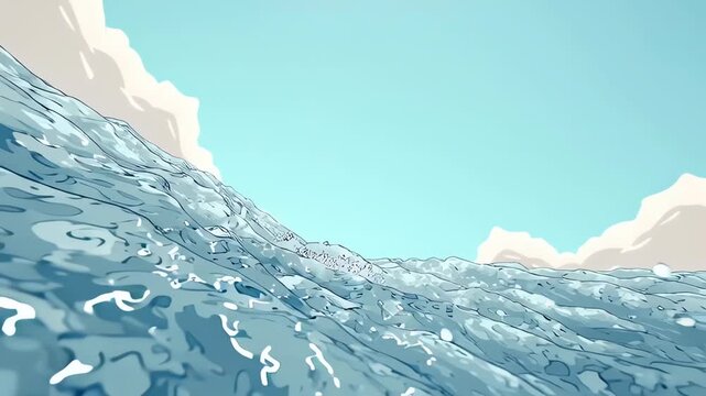 Animated blue water waves and splashing droplets in a dynamic cartoon style against a bright sky
