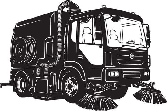 Street Sweeper Truck, Road Cleaning Vehicle, Urban Maintenance Truck, Black and White Illustration
