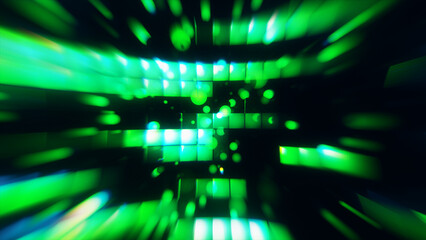Obraz premium Dazzling emerald light streaks and geometric patterns pulse across a dark expanse, conjuring a vibrant, futuristic energy.