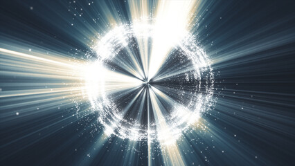 Luminous sphere emits brilliant white-gold light, scattering shimmering particles on dark expanse. © vannet