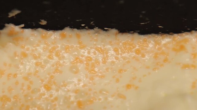 Food poisoning and contamination concept: macro spoiled yogurt with Serratia marcescens bacteria. Ideal for health risk, hygiene failure, unsafe dairy, microbiology, lab research and public safety use