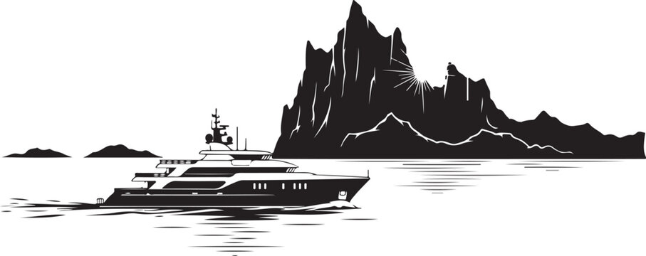 Luxury yacht sailing, mountain landscape, black and white vector, nautical scene, boat illustration