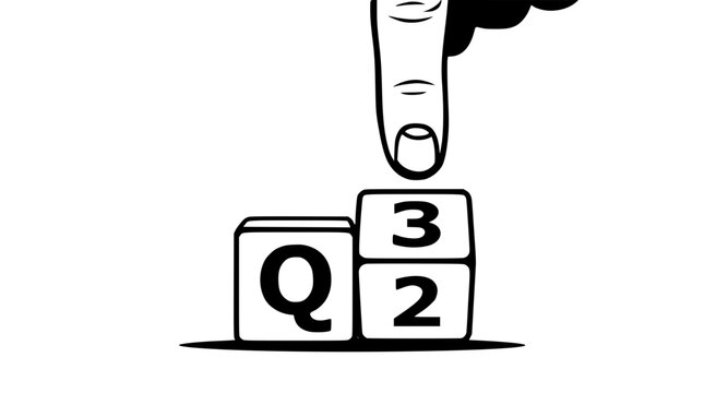 Hand Pointing at Q3 3rd Quarter Text Blocks Black and White Vector