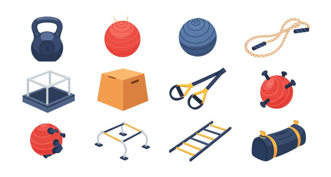 fitness equipment icons in colorful isometric style on transparent background