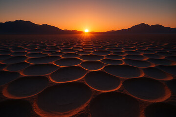 Obraz premium Sunset over cracked earth in a desert landscape with distant mountains