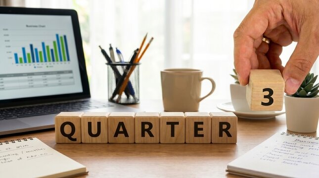 Hand Placing 3rd Quarter Wooden Blocks on Office Desk with Laptop Photo