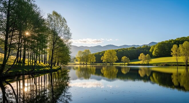 Tranquil summer lake reflecting trees, forest and blue sky in calm nature landscape