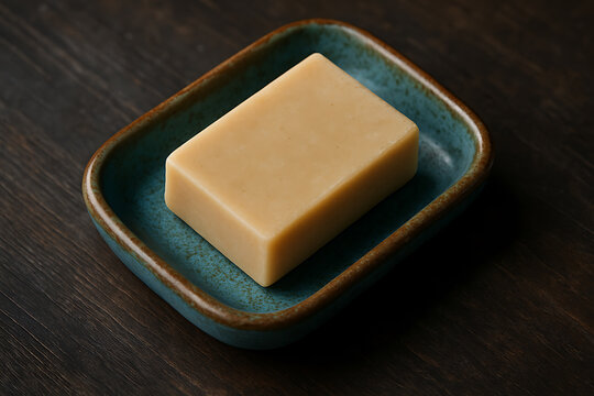 Handmade soap rests within a uniquely patterned teal ceramic dish
