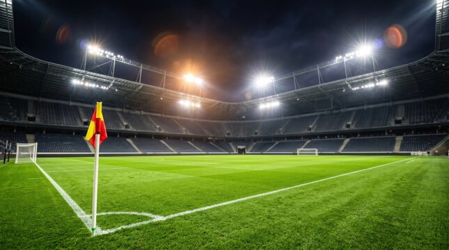 Soccer field, green grass stadium, nighttime sports, football arena, goal post