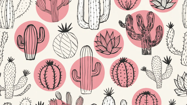 Minimal cactus seamless pattern hand-drawn black line art cactus background 
