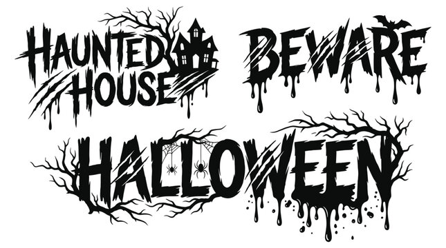 Creepy Horror Halloween Typography Black Vector Bundle with Dripping Blood