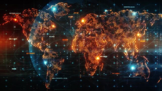 Global Network Connections - A digital video of a interconnected network of glowing nodes and lines expanding across a world map. The Red light represents data flow and global connectivity. 
