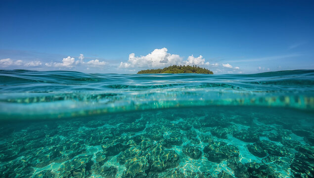 Underwater split level view of tropical island
