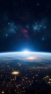 Epic space background featuring Earth horizon with illuminated cities, smooth atmospheric glow, dense stars and cosmic dust, high clarity, cinematic stock photo style