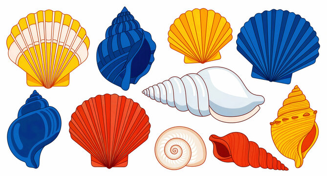 Colorful seashell collection isolated on white. Diverse vector set includes scallops and spiral conchs in bright colors. Perfect for summer beach themes and marine life educational graphics.
