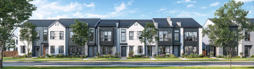 Fototapeta premium Modern townhouses with varied exteriors, green lawns, and trees under a blue sky