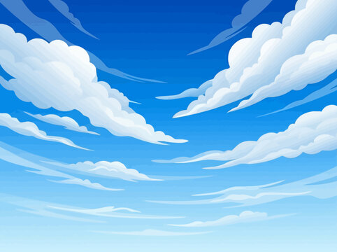 Vibrant Blue Sky with Fluffy White Clouds in Stylized Anime Illustration Background - Cartoon Nature Atmosphere for Games and Design