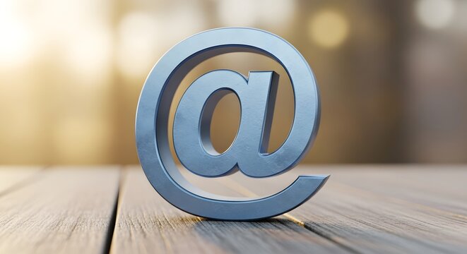 Blue symbol on wooden surface representing email and digital communication