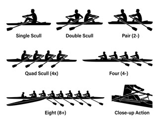 Set of Rowing Boat Silhouettes for Single Scull, Double, Pair, Quad, Four, and Eight Person Teams with Action Close-up Illustration © Bianca
