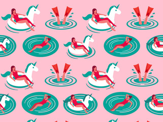 Seamless Pattern of Women in Red Swimsuits Relaxing in Swimming Pool with Unicorn Floats and Flippers, Summer Vacation Background Vector © Bianca